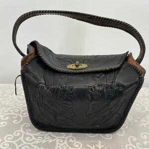 Vintage Handcrafted Black Leather Shoulder Bag With Floral Tooled Design & Metal